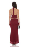 Mesh Plunge Neck Two Piece Set in Maroon