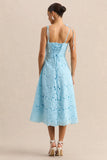 Anna Embroidered Powder Blue Square Neck Midi Dress