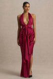Lynette Burgundy Satin Plunge Neck Maxi Dress With Asymmetric Hem