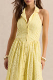 Jezebel Yellow Lace Plunge Neck Collared Midi Dress