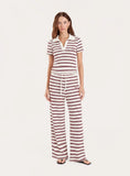 White And Brown Stripe Ribbed Short Sleeve Jersey Polo Top