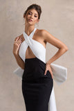 Blanca Black White Halter Neck Cut Out Midi Dress With Oversized Bow