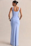 Lienna Powder Blue Scoop Neck Maxi Dress With Gathered Detail And Sash