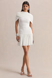 Fenella White High Neck Mini Dress With Cape Sleeves And Ruched Detailing