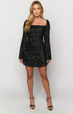 Marienne Black Velvet Sequin Long Sleeve Mini Dress