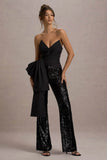 Bianco Black Sequin Strapless Flared Leg Jumpsuit With Drape
