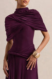 Evelisse Plum High Neck Maxi Dress With Short Cape Sleeves