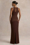 Akari Brown Crew Neck Maxi Dress With Satin Skirt
