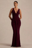 Mallie Burgundy Cowl Neck Maxi Dress With Open Back And Gathered Detailing