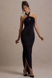Jaiya Black Ruched Halter Neck Asymmetric Maxi Dress