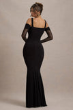 Milana Black Square Neck Draped Wrap Maxi Dress With Long Sleeves