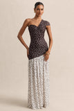 Motira Brown Polka Dot Asymmetric Neck Maxi Dress With Asymmetric Drop Waist