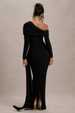 Valina Black Ruched Asymmetric Maxi Dress With Drape