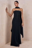 Charly Black Matte Satin Bandeau Maxi Dress With Scarf Detail