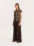 Brown Check Knitted Button Sweater Vest