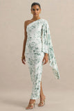 Clementina Green Porcelain Print Asymmetric Cape Sleeve Maxi Dress