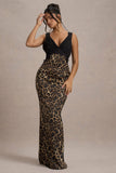 Sahara Leopard Print Satin V Neck Maxi Dress With Black Lace Trim