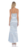 Satin V Neck Ruffle Mermaid Maxi Dress in Light Blue