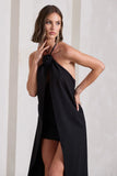 Enigmatic Black Halter Neck Draped Mini Dress With Floral Corsage