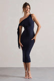 Adapt Navy Asymmetric Midi Dress With Tie Sleeve