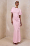 Grandeur Pale Pink High Neck Ruched Maxi Dress