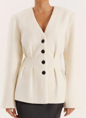 Cream Tailored Cinched Waist Wool Blend Blazer