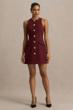 Belony Dark Plum Crew Neck Mini Dress With Button Detailing