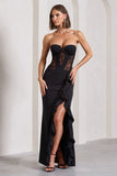 Attention Please Black Strapless Lace Panelled Corset Split Maxi Dress