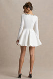 Astonish White Long Sleeve Embellished Square Neck Mini Dress With Volume Skirt