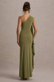 Adelina Olive One Shoulder Maxi Dress With Drape
