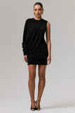 Fortuna Black Ruched Mini Dress With One Sleeve