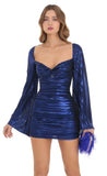 Metallic Pleated Bell Sleeve Dress in Blue