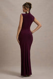 Lanetta Plum Ruched High Neck Maxi Dress With Split