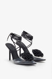 Sharpened Black Lace Up Clear Stiletto Heels With Diamante Flowers