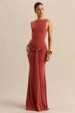 Cherine Rust Round Neck Maxi Dress With Gathered Detailing And Sash