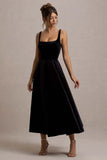 Francisca Black Velvet Strappy Volume Hem Midi Dress