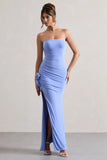My Muse Blue Ruched Bandeau Split Maxi Dress With Flowers