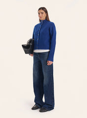 Blue Knitted Ribbed Button Down Cardigan