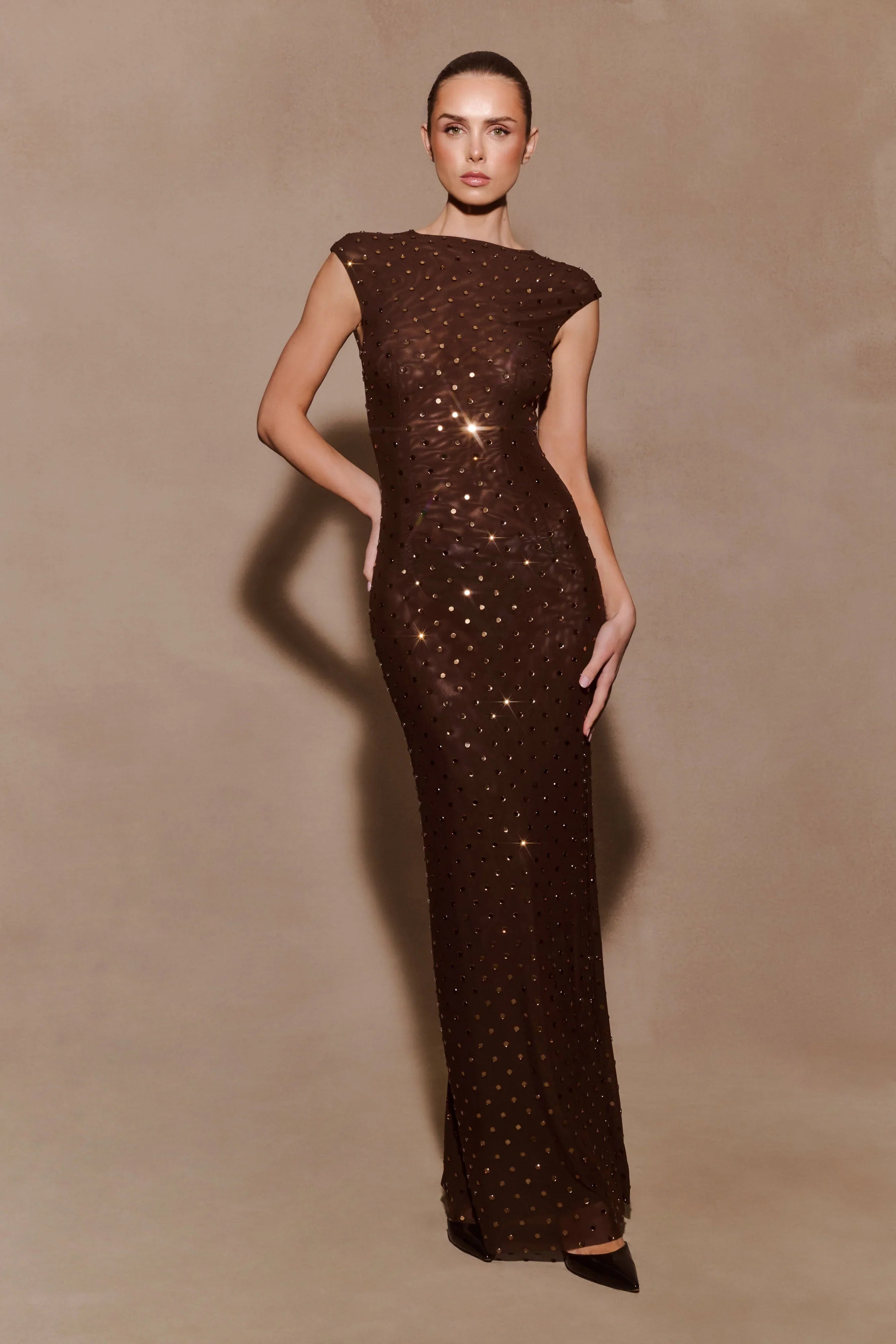 Samara Sleeveless Diamante Maxi Dress Chocolate