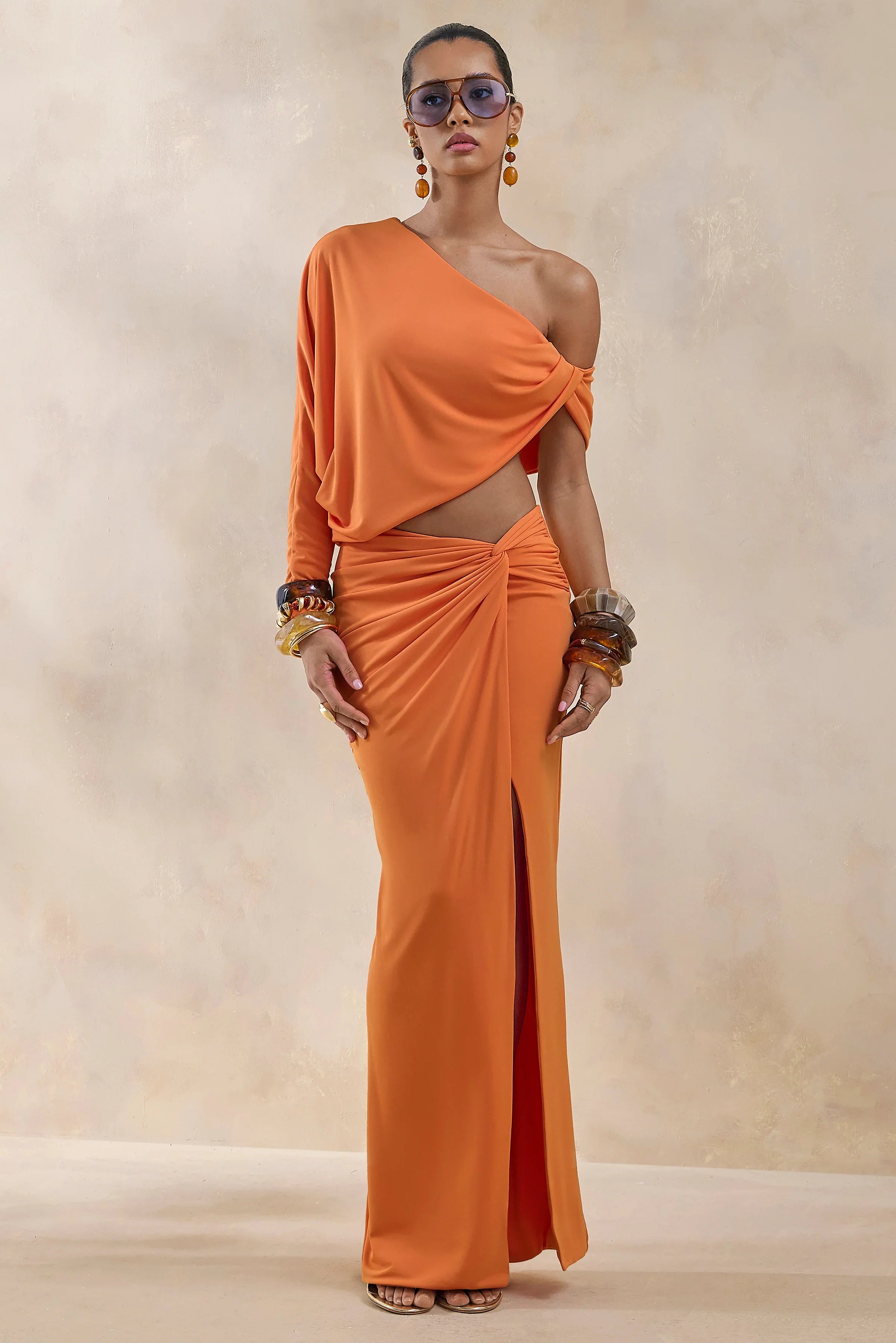 Marlena Orange Twisted Split Maxi Skirt