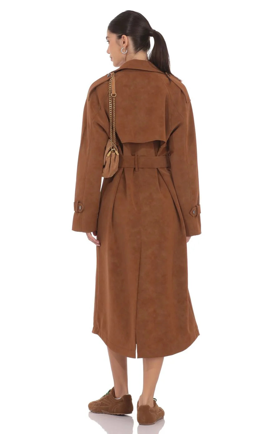 Faux Leather Trench Coat in Camel