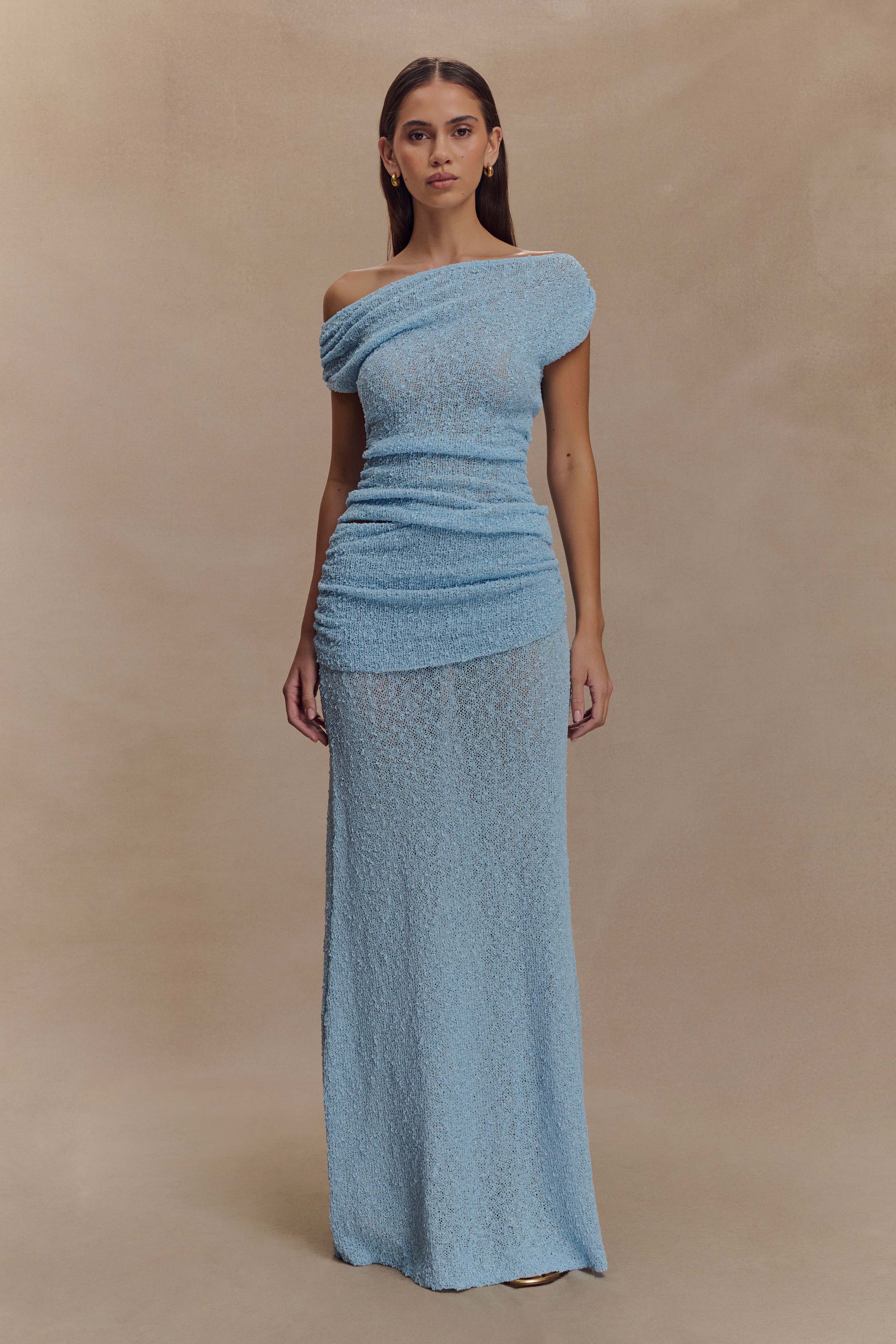 Chloe Off Shoulder Boucle Knit Top Light Blue