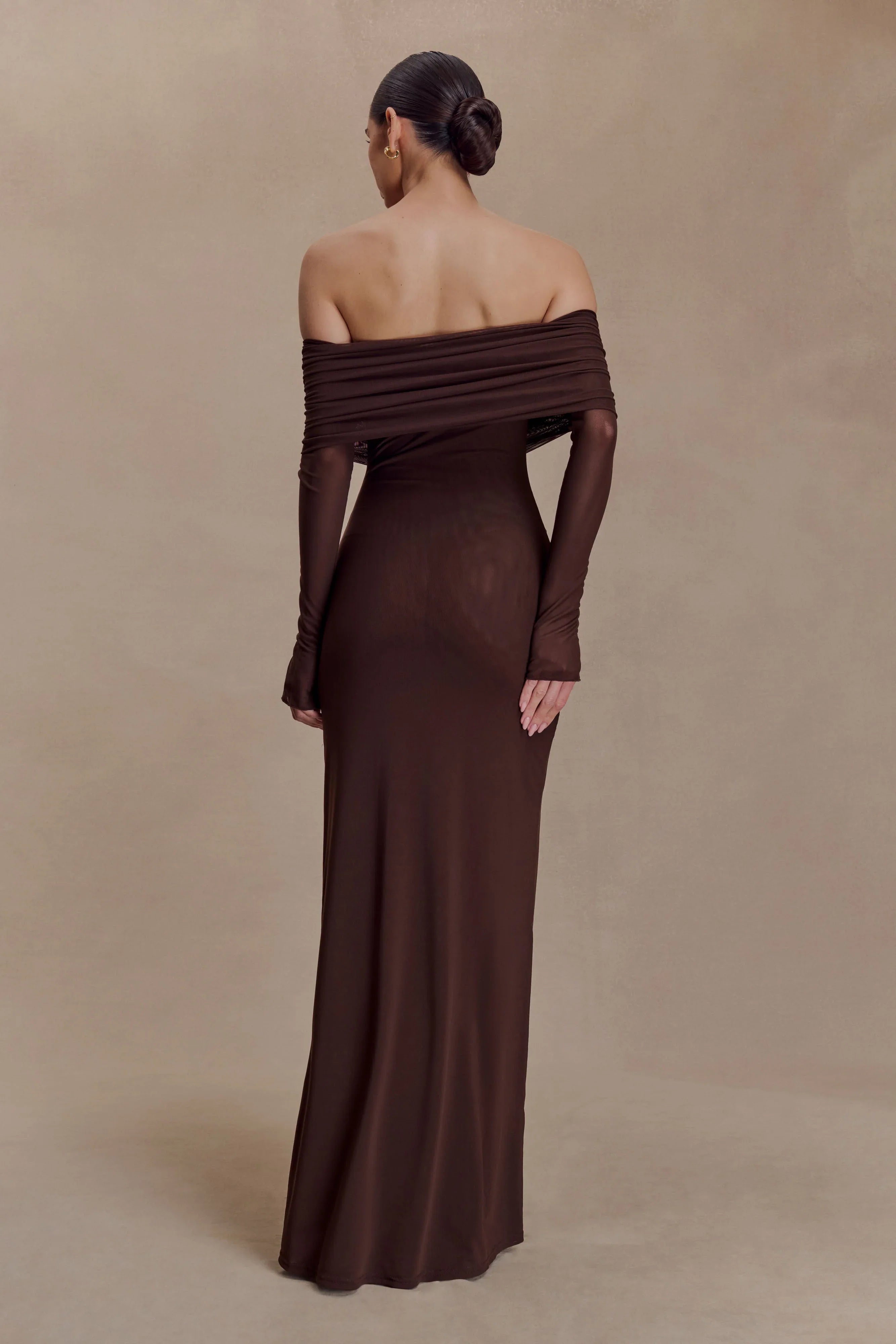 Josie Off Shoulder Mesh Maxi Dress Dark Brown
