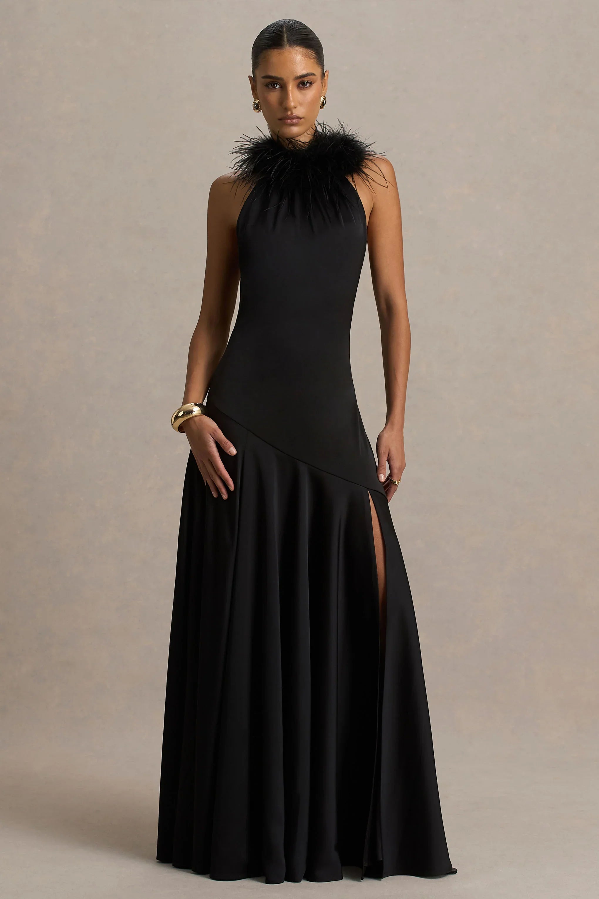 Jemima Black Satin Halter Neck Maxi Dress With Feather Trim