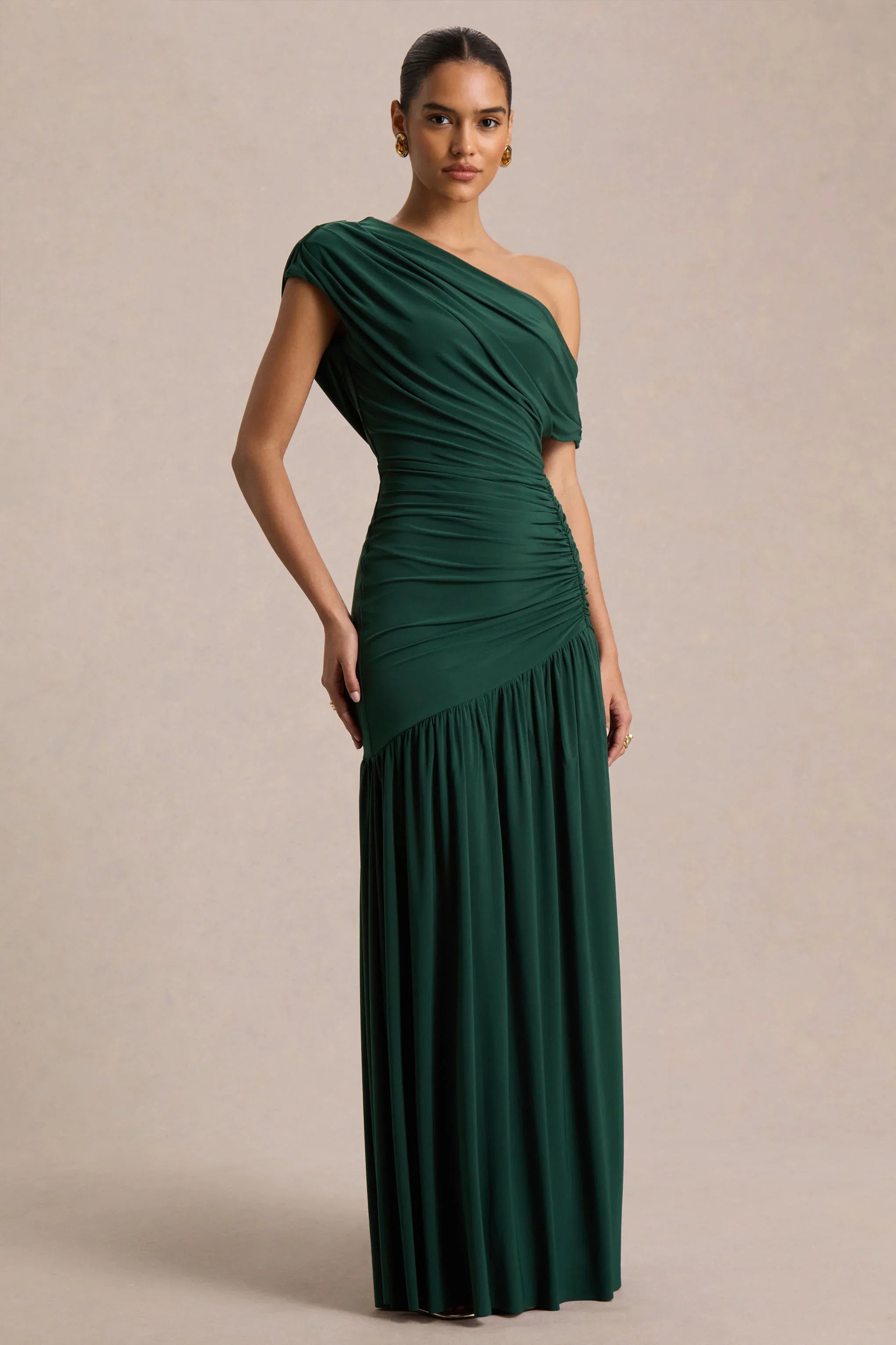 Kady Dark Green Asymmetric Neck Maxi Dress With Ruched Detailing