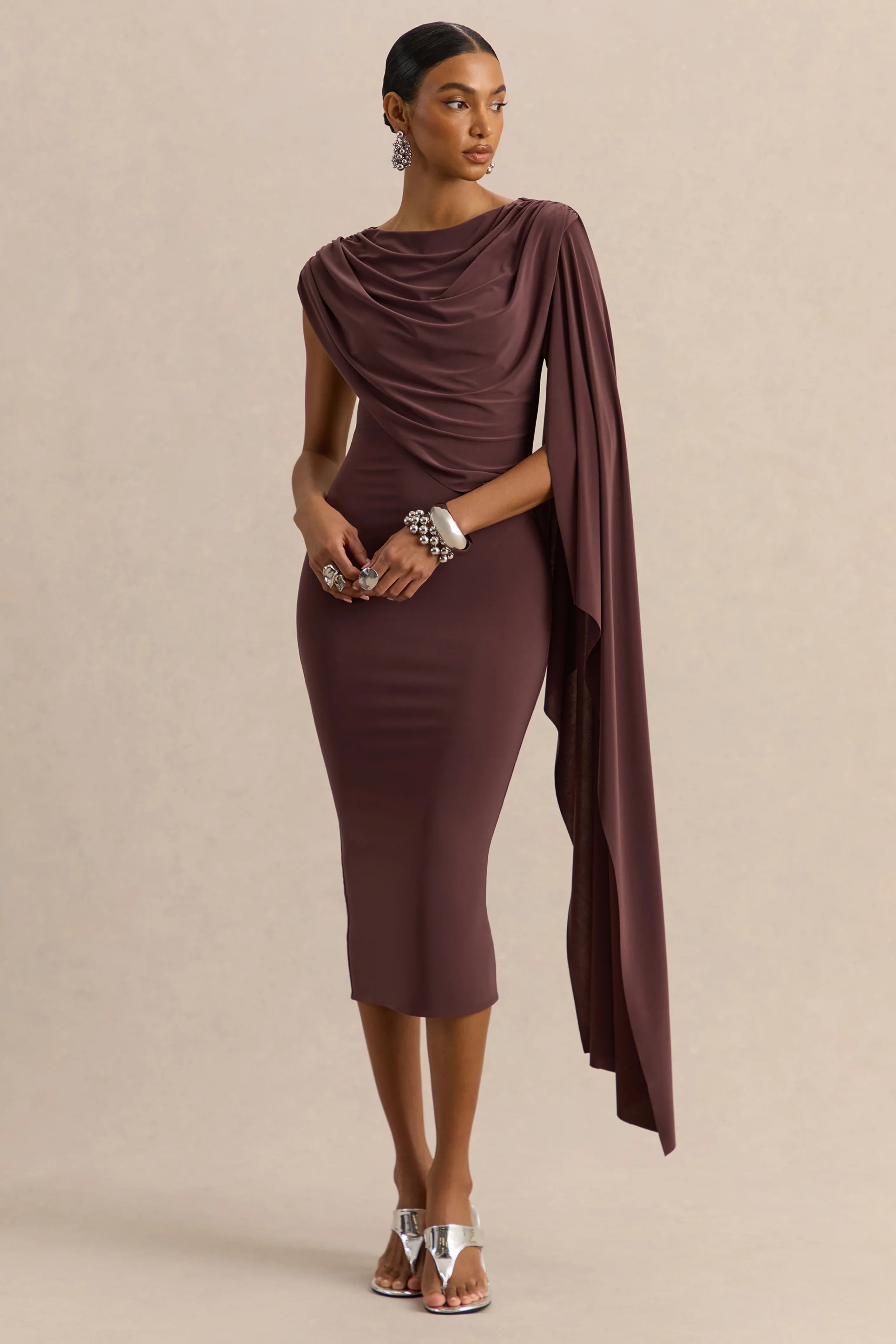 Kamoria Brown Round Neck Midi Dress With Cape Sleeve