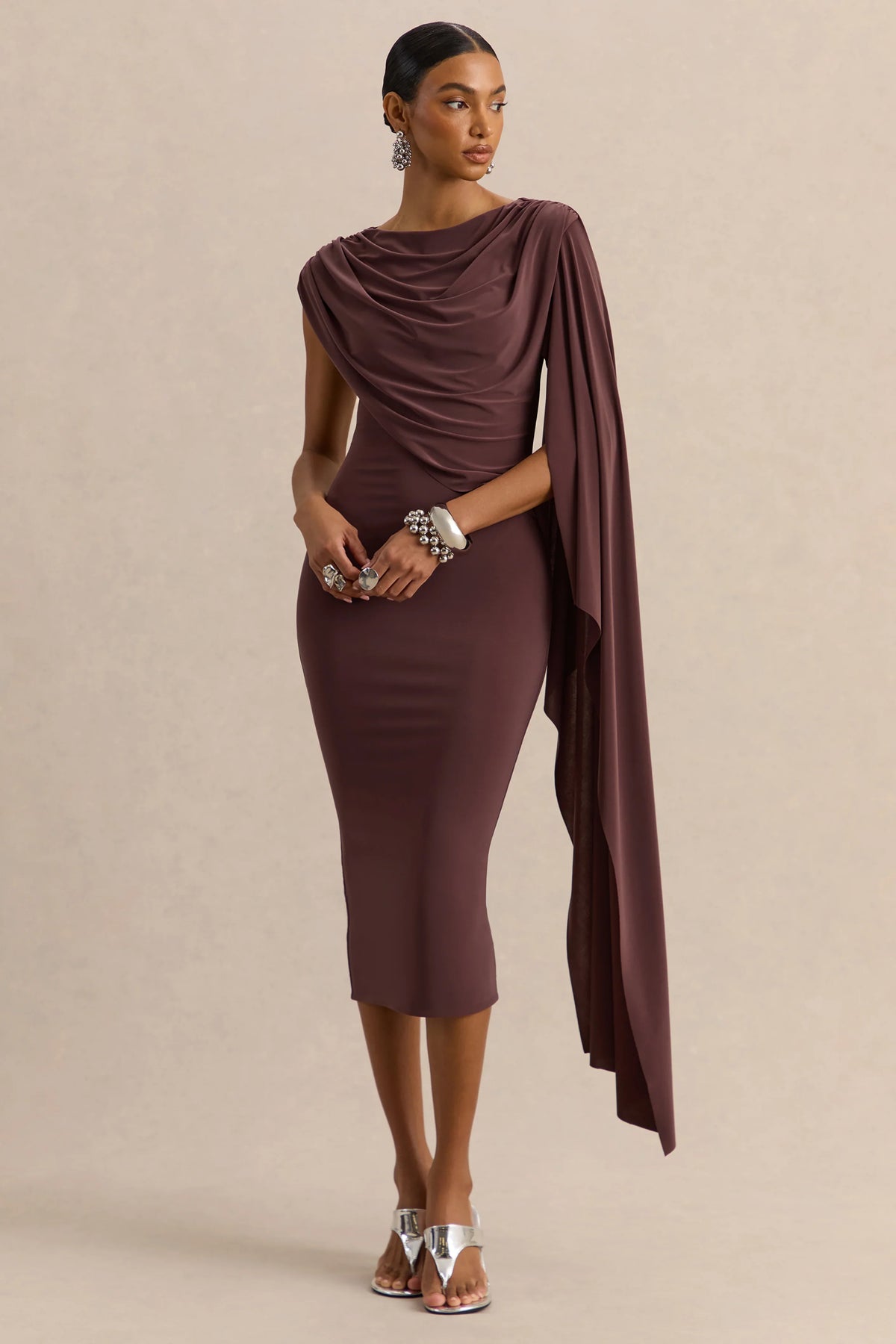 Kamoria Brown Round Neck Midi Dress With Cape Sleeve