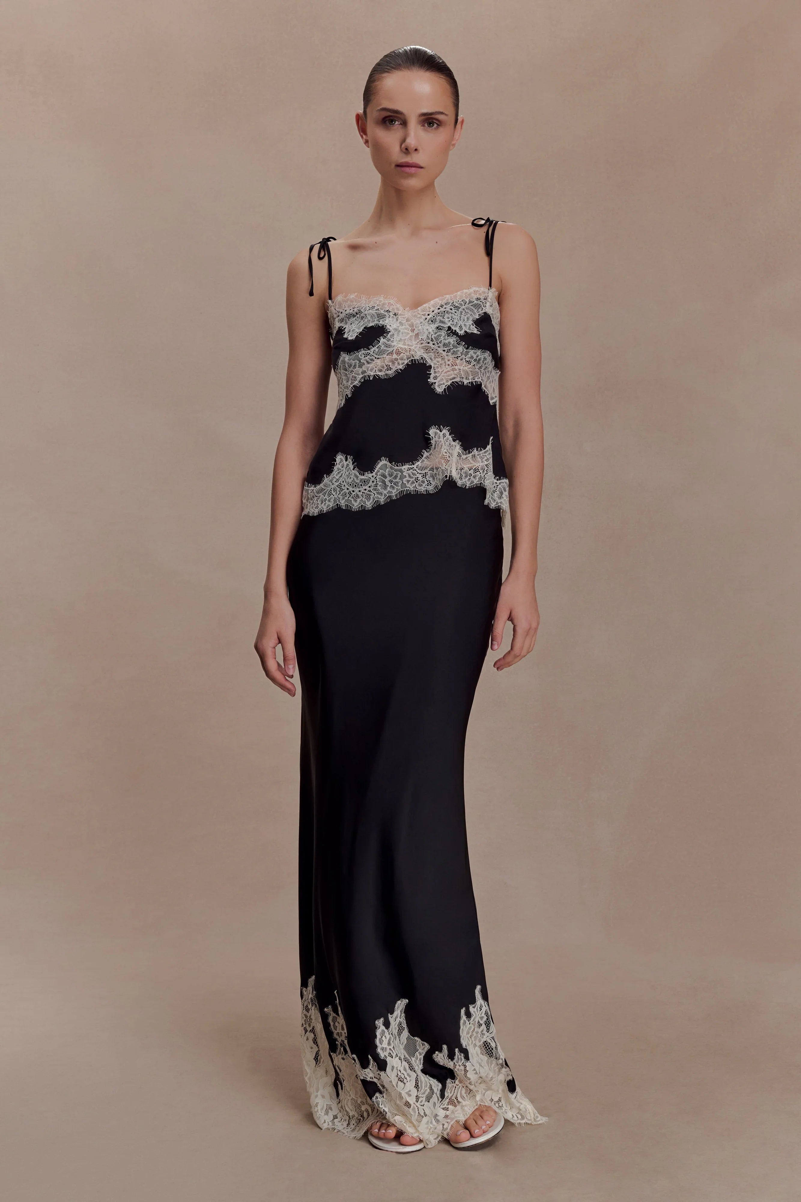 Nina Satin And Lace Maxi Skirt Black Ivory