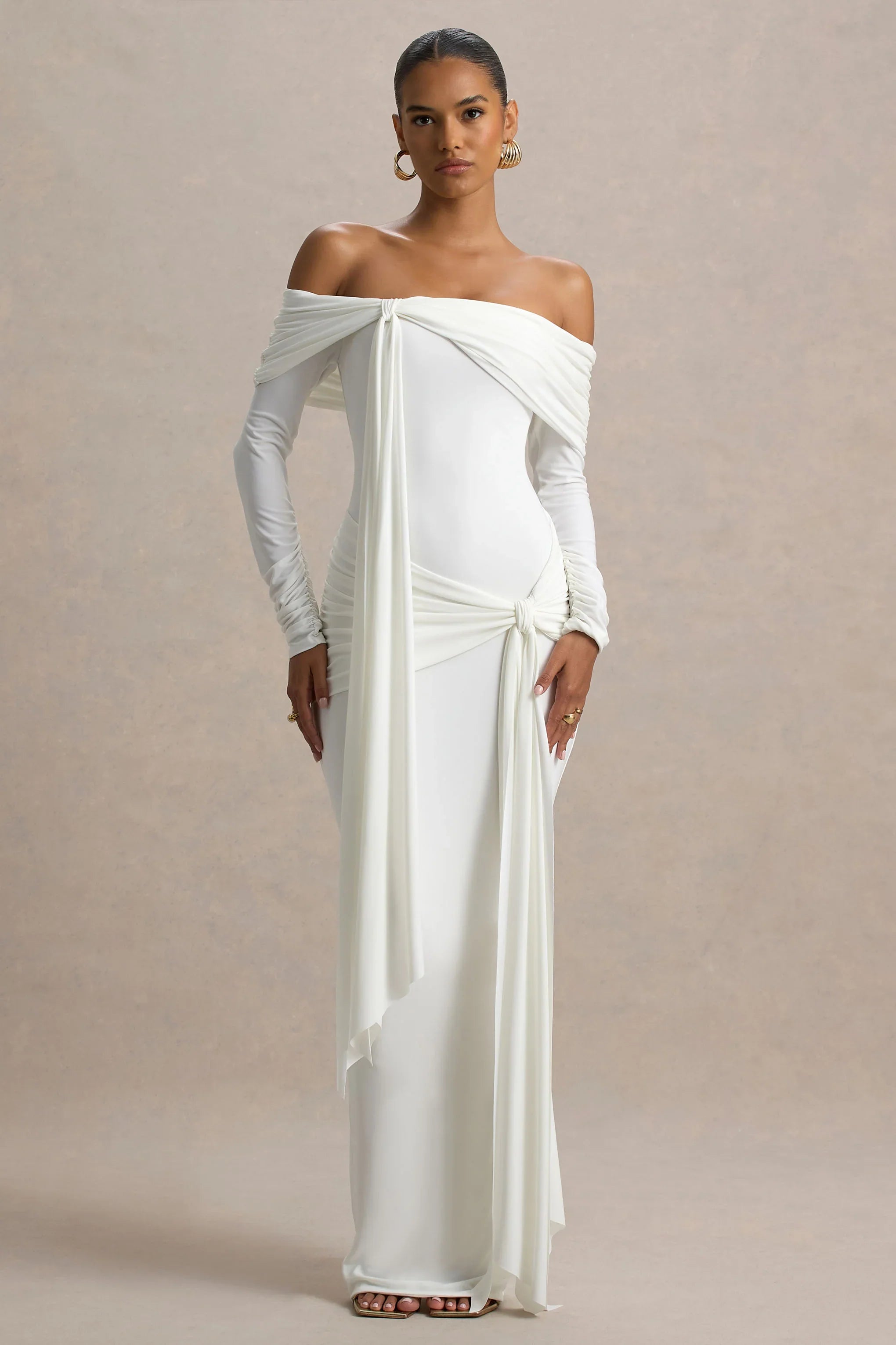 Jovie White Bardot Wrap Maxi Dress With Sash Detail