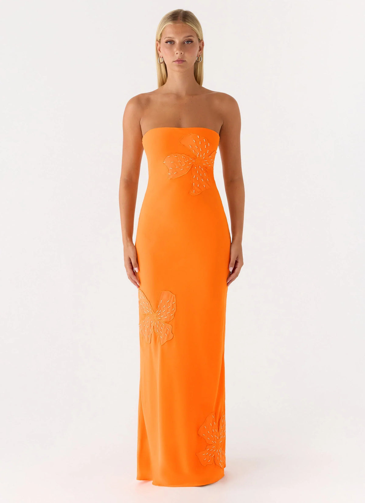 Sassafras Beaded Flower Strapless Maxi Dress Orange